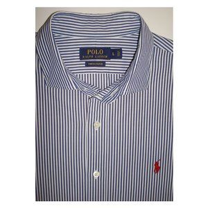 POLO RALPH LAUREN Blue & White Striped "Stretch Poplin" Long Sleeve Shirt